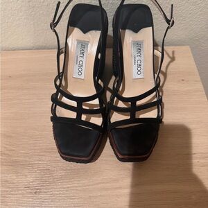 Jimmy Choo Black Strappy Square-Toe Heeled Sandals